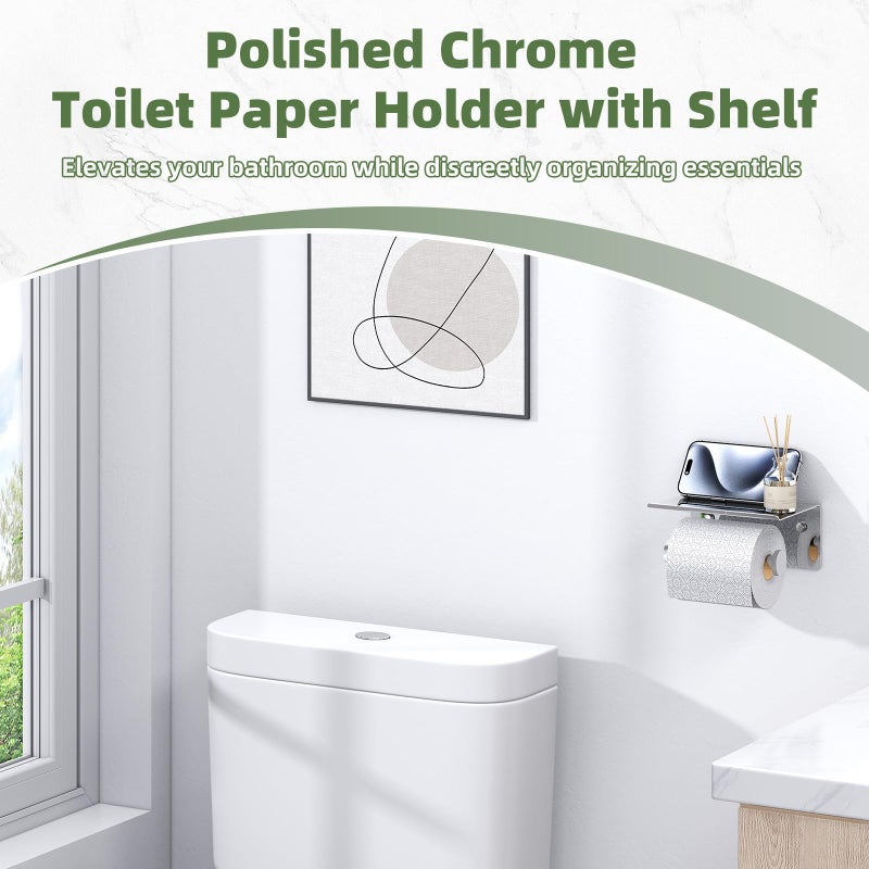 APLusee Toilet Paper Holder with Phone Shelf Polished Chrome, SUS 304 Stainless Steel Bathroom Accessories Tissue Roll Dispenser Storage Wall Mounted - Image 5